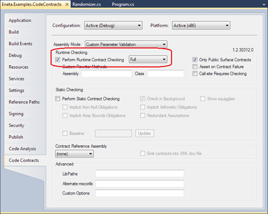 Visual Studio 2010 Code Contracts: Runtime Checking is turned on and checks are made only in public surface