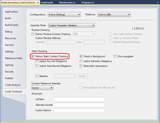Visual Studio 2010: Code contracts settings