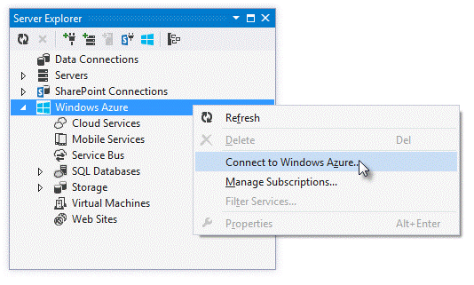 Connect to Windows Azure option